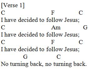 I Have Decided To Follow Jesus Chords and Lyrics (Key of C) image